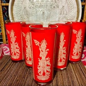 Set of 5 Culver Glass Mid-Century Red and Gold 'Thai Princess' Highball Glasses
